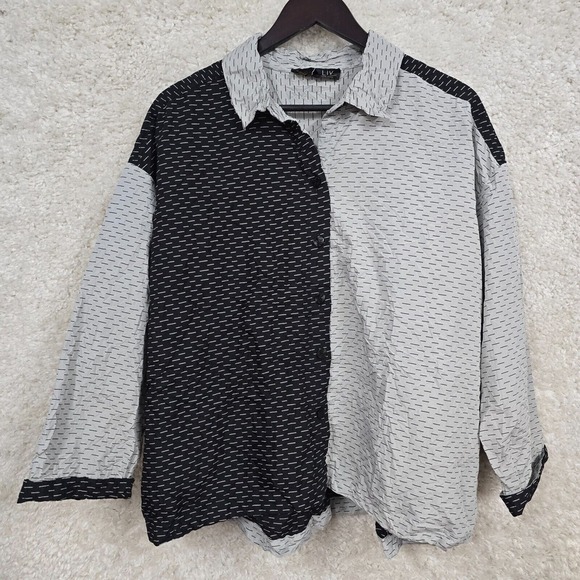 Liv by Habitat Top Womens Large Gray Black Button Up Long Sleeve Crinkle‎ Travel - Picture 1 of 13